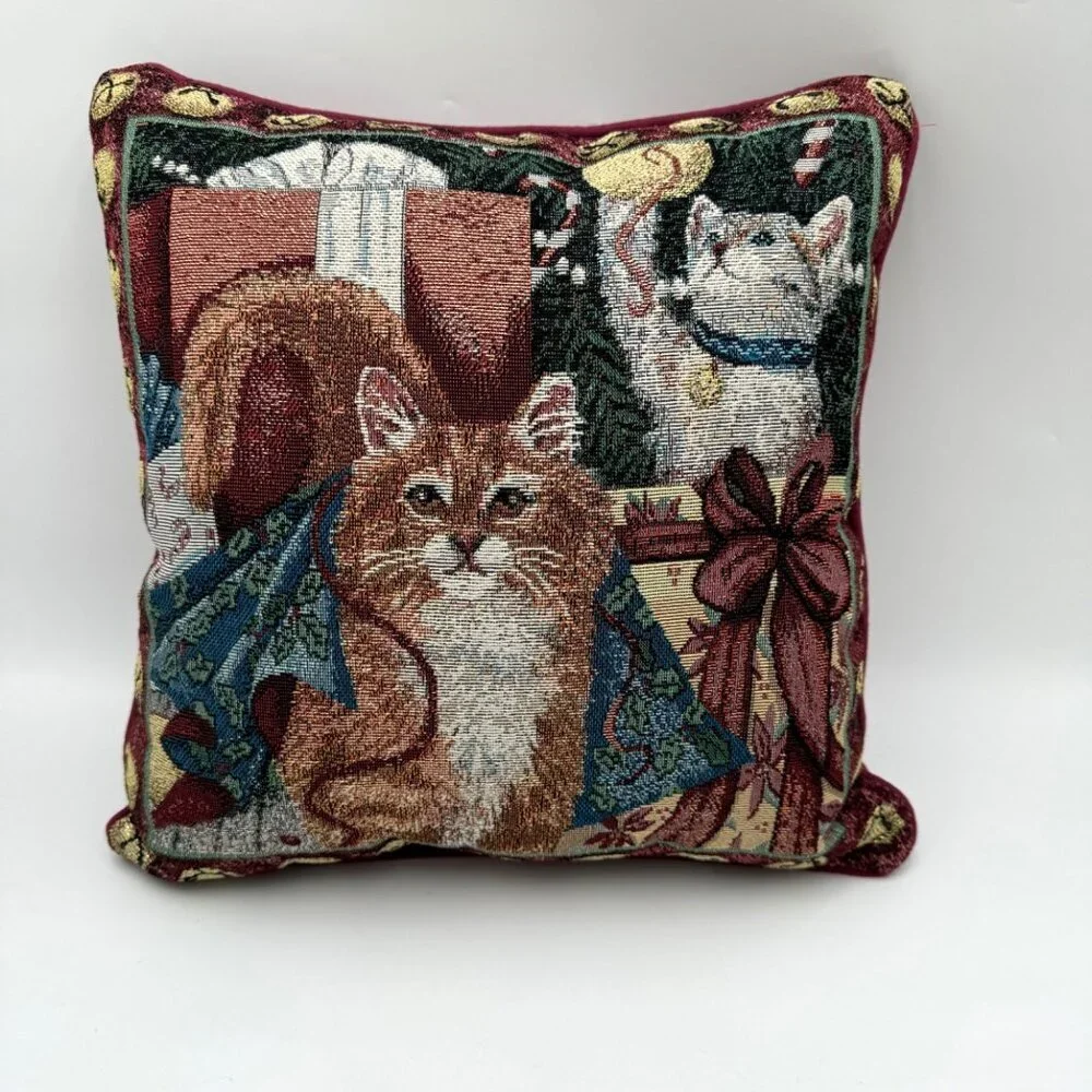 Vtg Christmas Curiosity CATS THROW Pillow WHIMSICAL KITTY WOVEN TAPESTRY Granny